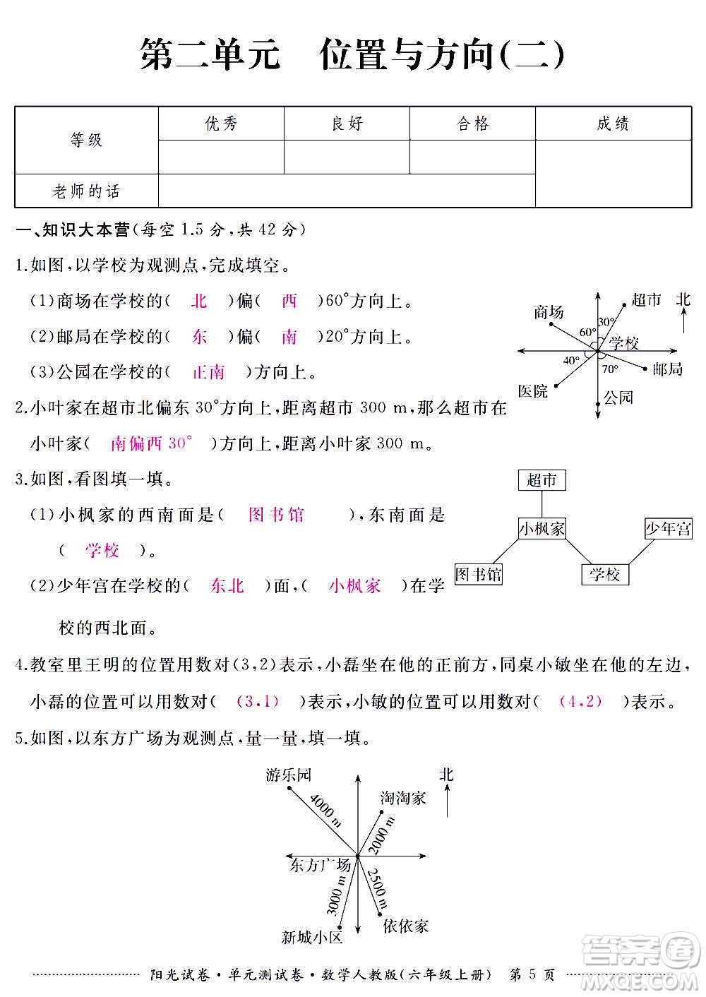 江西高校出版社2020陽光試卷單元測試卷數(shù)學六年級上冊人教版答案