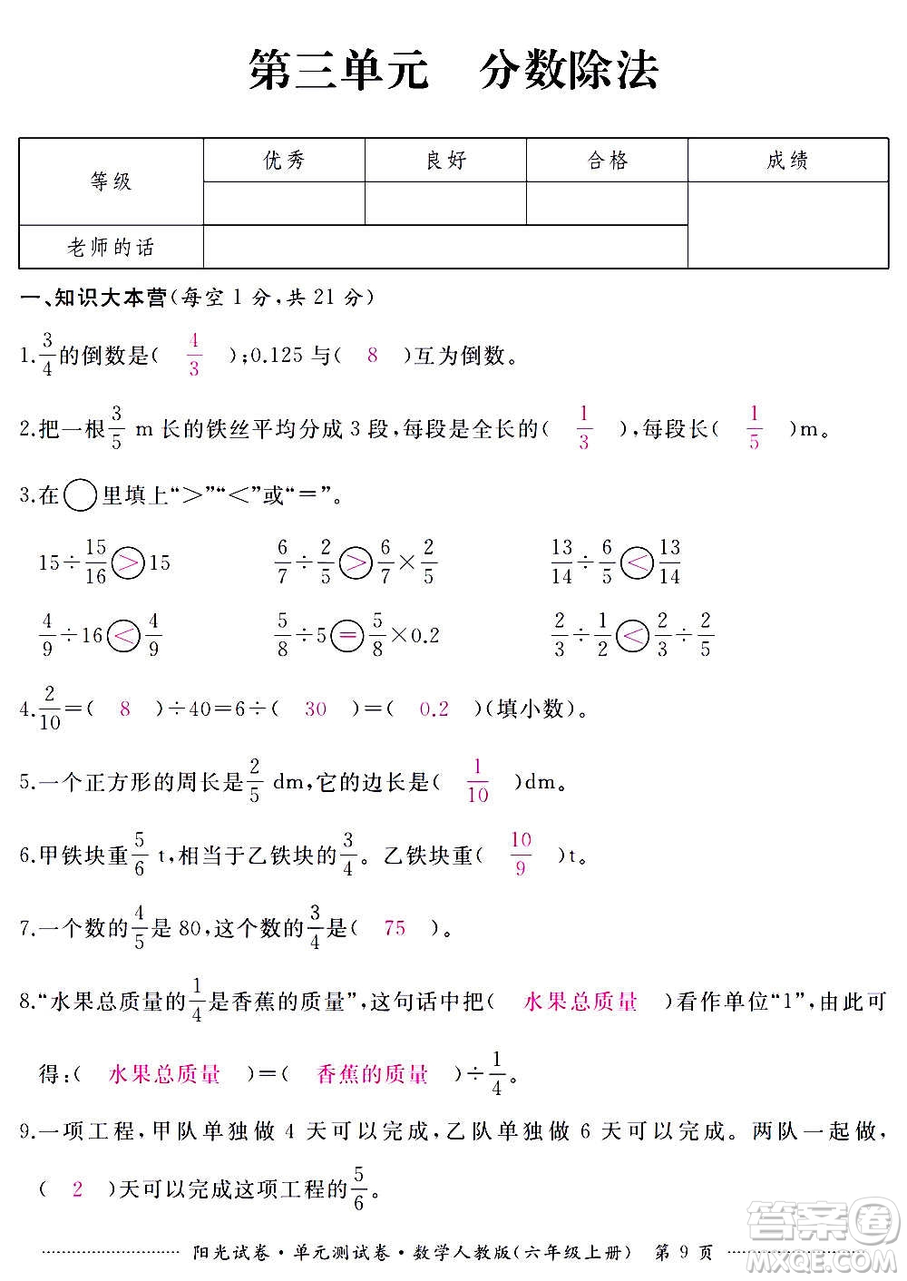 江西高校出版社2020陽光試卷單元測試卷數(shù)學六年級上冊人教版答案