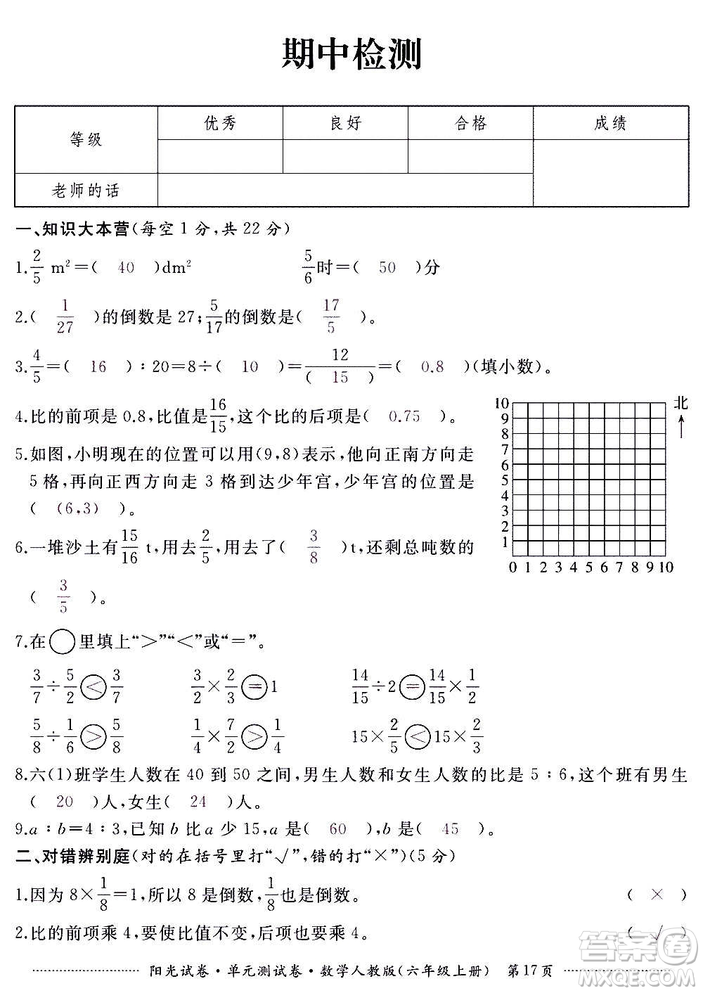 江西高校出版社2020陽光試卷單元測試卷數(shù)學六年級上冊人教版答案