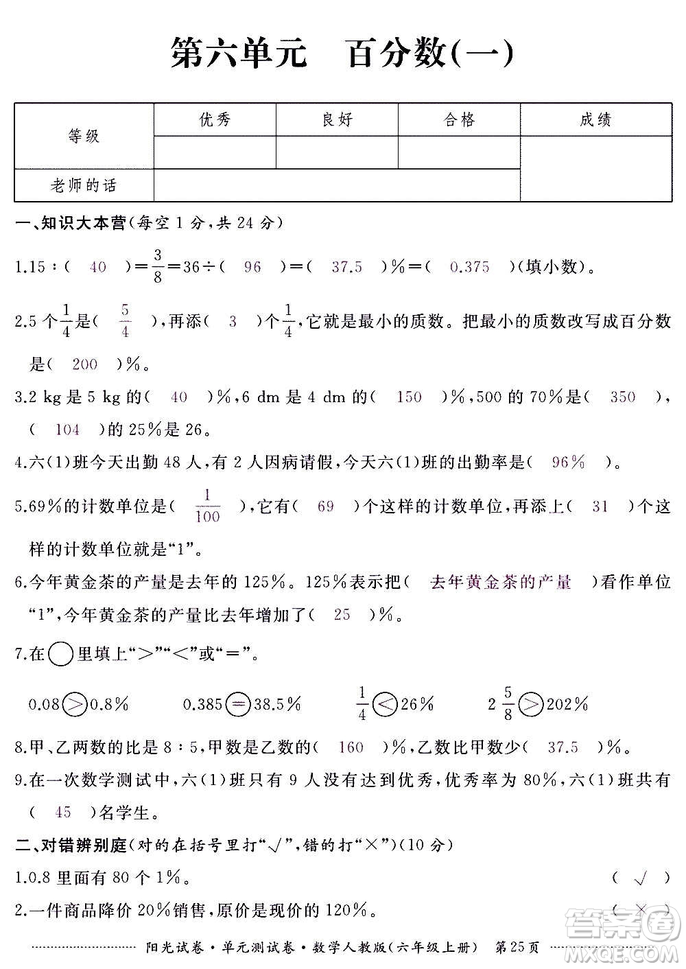 江西高校出版社2020陽光試卷單元測試卷數(shù)學六年級上冊人教版答案