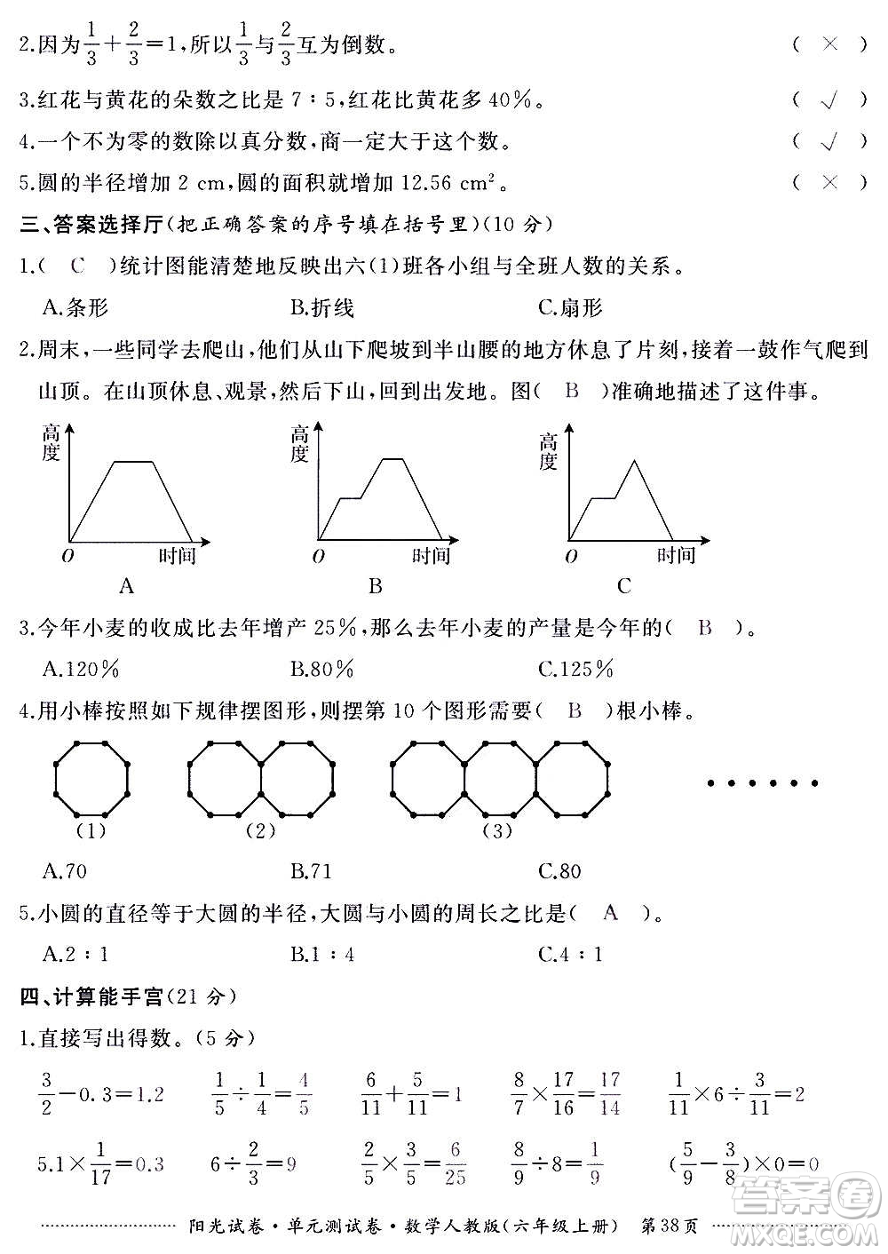 江西高校出版社2020陽光試卷單元測試卷數(shù)學六年級上冊人教版答案