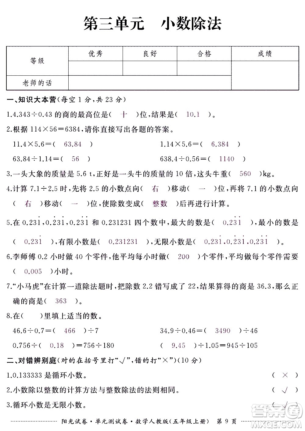 江西高校出版社2020陽光試卷單元測試卷數(shù)學(xué)五年級上冊人教版答案