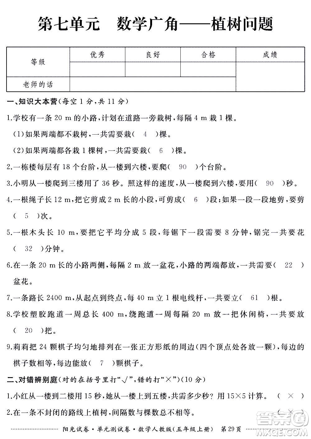 江西高校出版社2020陽光試卷單元測試卷數(shù)學(xué)五年級上冊人教版答案