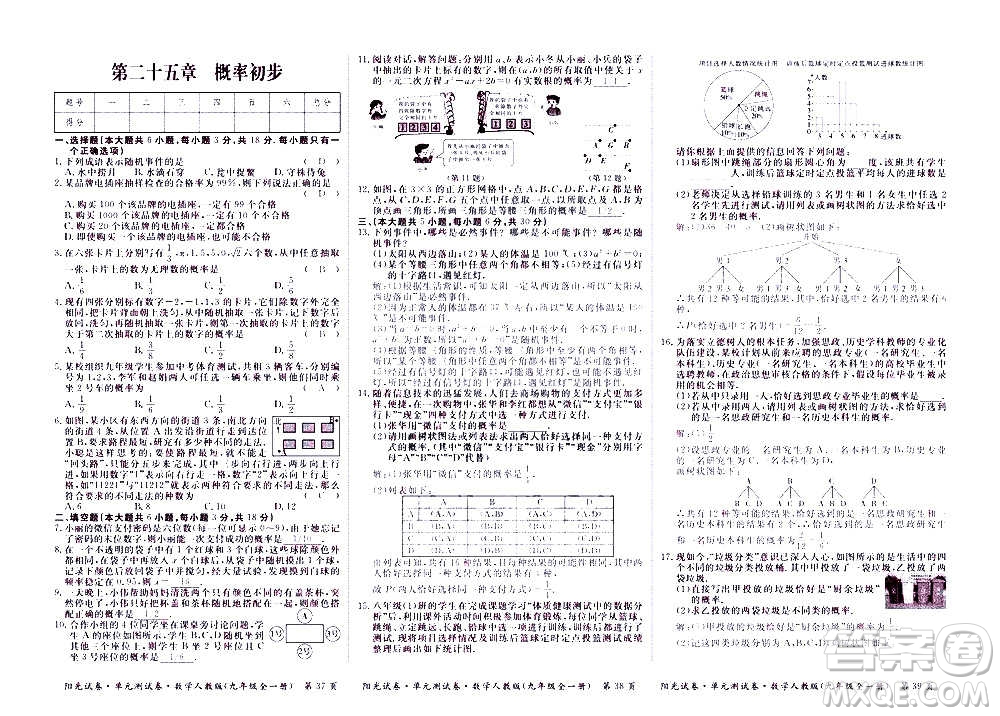 江西高校出版社2020陽(yáng)光試卷單元測(cè)試卷數(shù)學(xué)九年級(jí)全一冊(cè)人教版答案