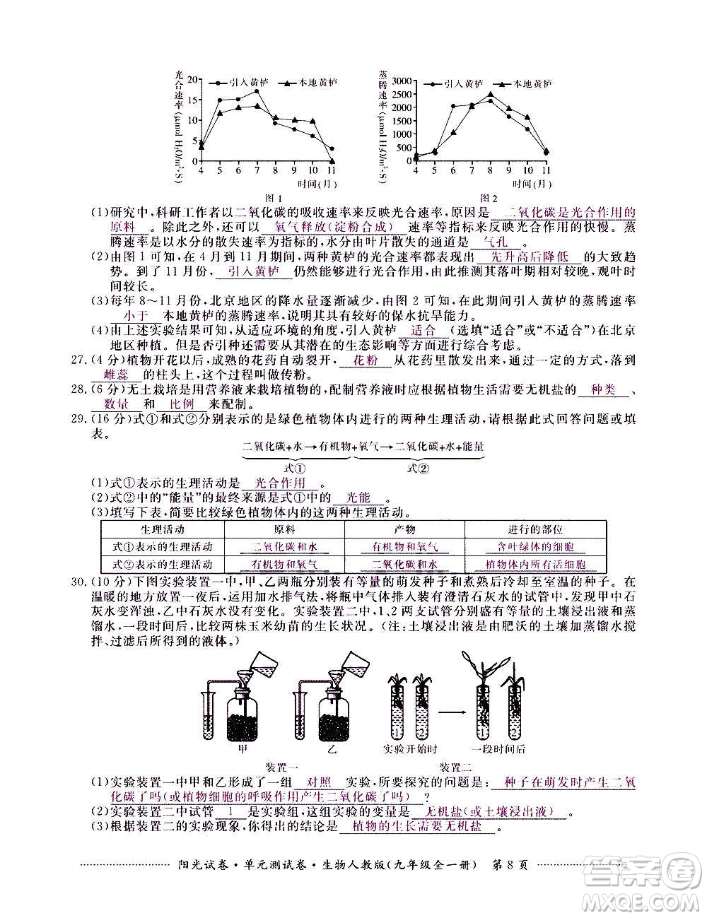 江西高校出版社2020陽光試卷單元測試卷生物九年級全一冊人教版答案