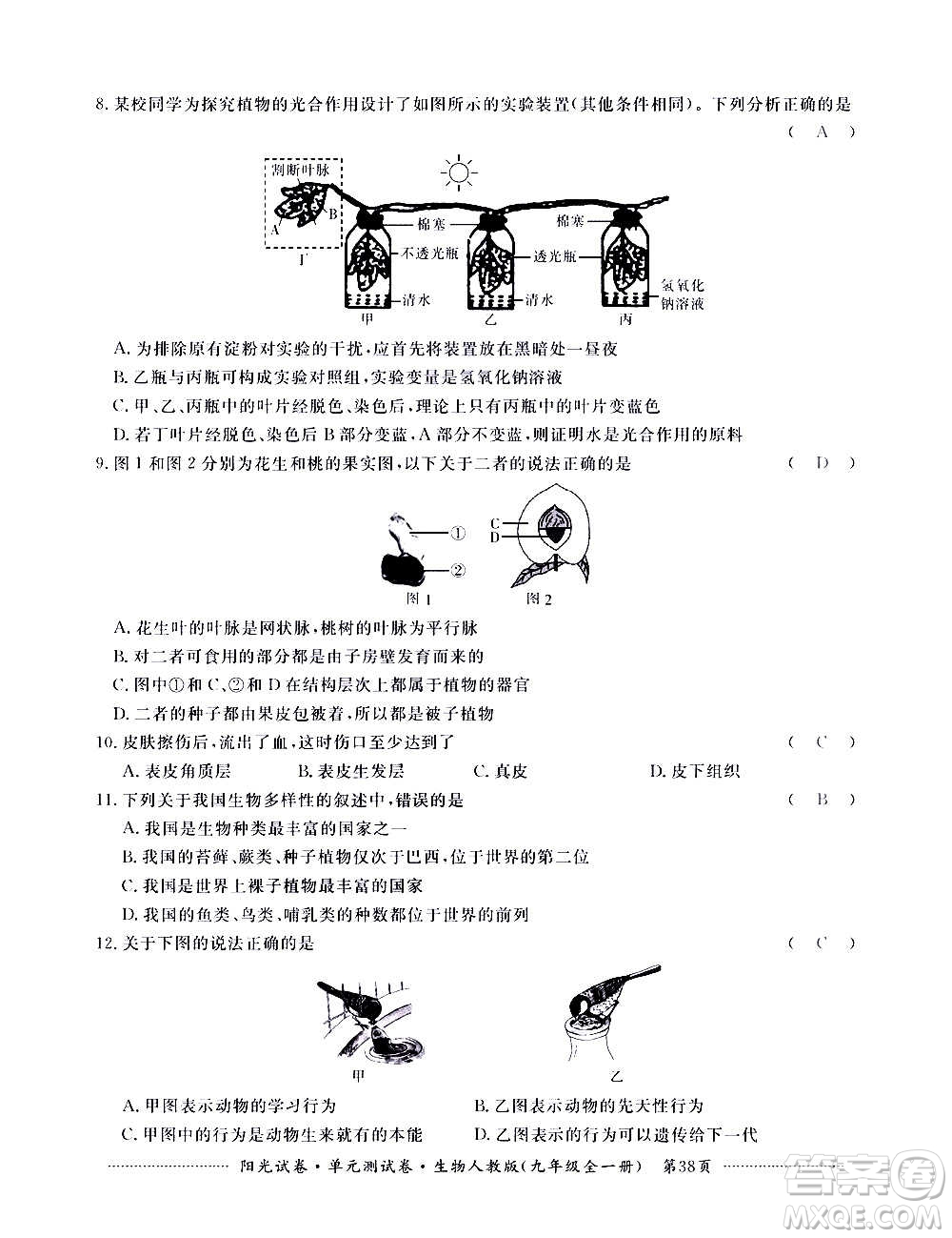 江西高校出版社2020陽光試卷單元測試卷生物九年級全一冊人教版答案