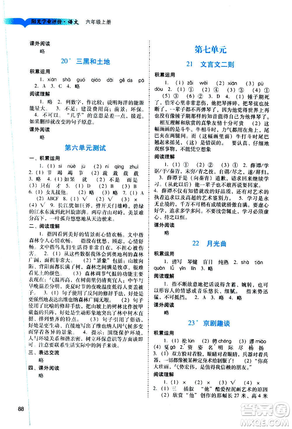 廣州出版社2020陽(yáng)光學(xué)業(yè)評(píng)價(jià)語(yǔ)文六年級(jí)上冊(cè)人教版答案