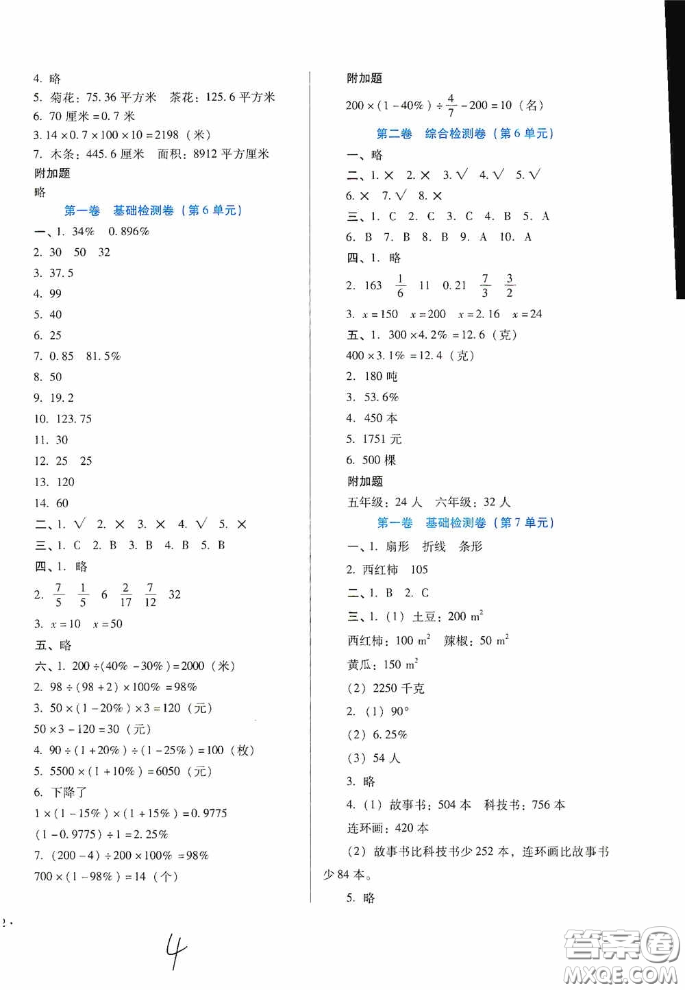 河北少年兒童出版社2020秋單元檢測(cè)卷六年級(jí)數(shù)學(xué)上冊(cè)人教版答案