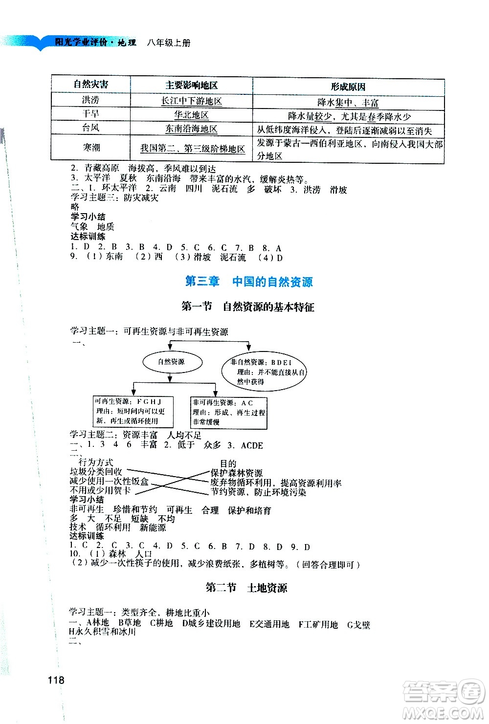 廣州出版社2020陽光學(xué)業(yè)評價地理八年級上冊人教版答案