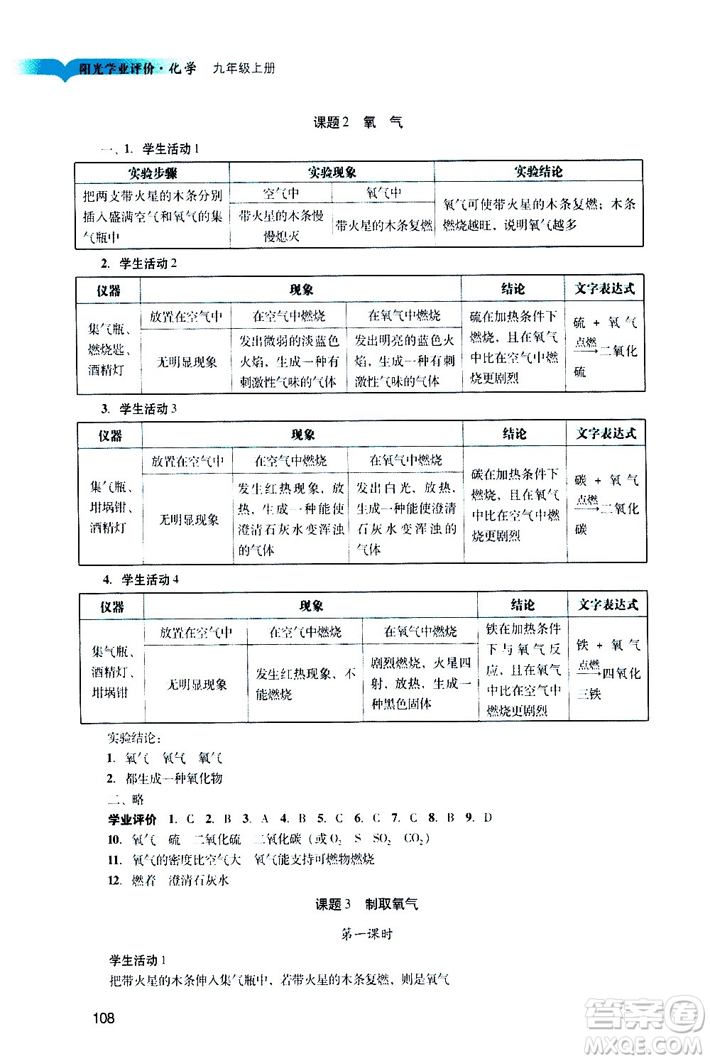 廣州出版社2020陽光學(xué)業(yè)評價(jià)化學(xué)九年級上冊人教版答案