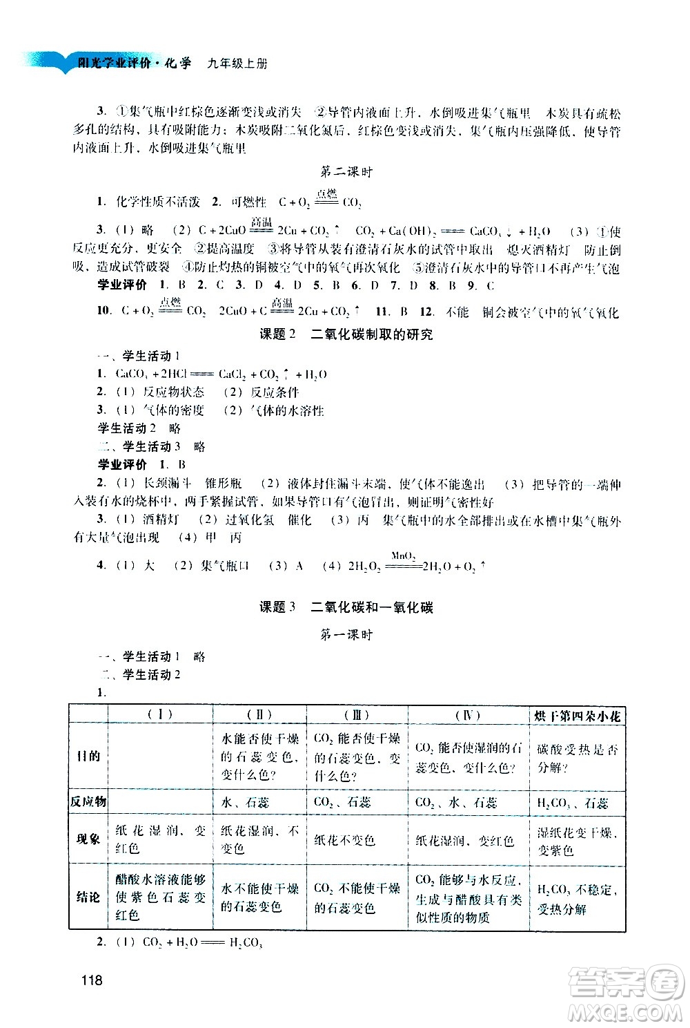 廣州出版社2020陽光學(xué)業(yè)評價(jià)化學(xué)九年級上冊人教版答案