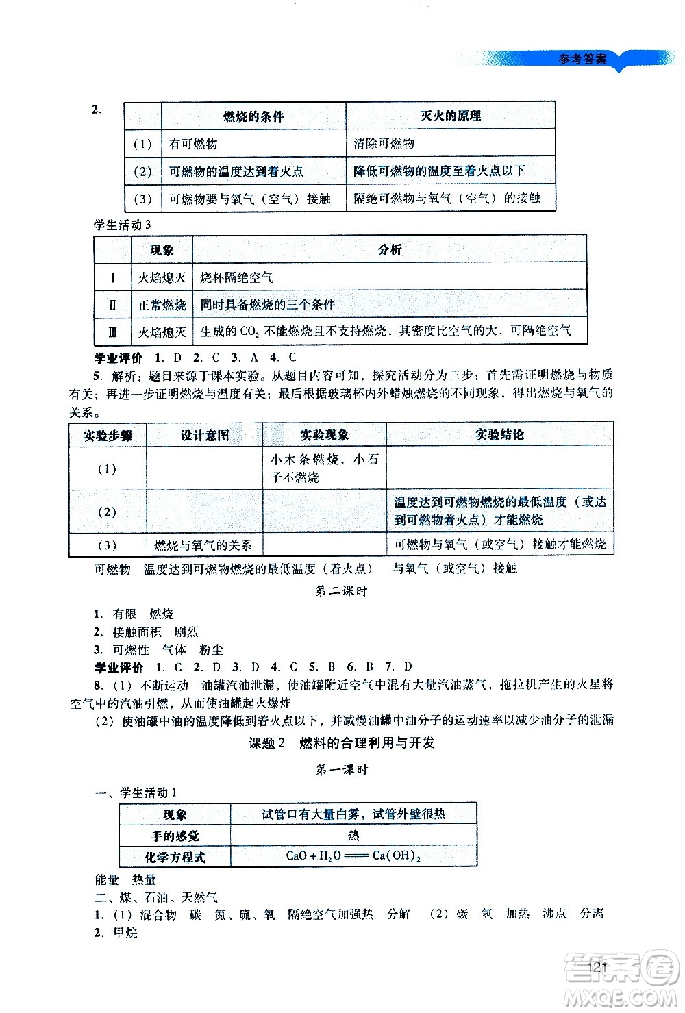 廣州出版社2020陽光學(xué)業(yè)評價(jià)化學(xué)九年級上冊人教版答案