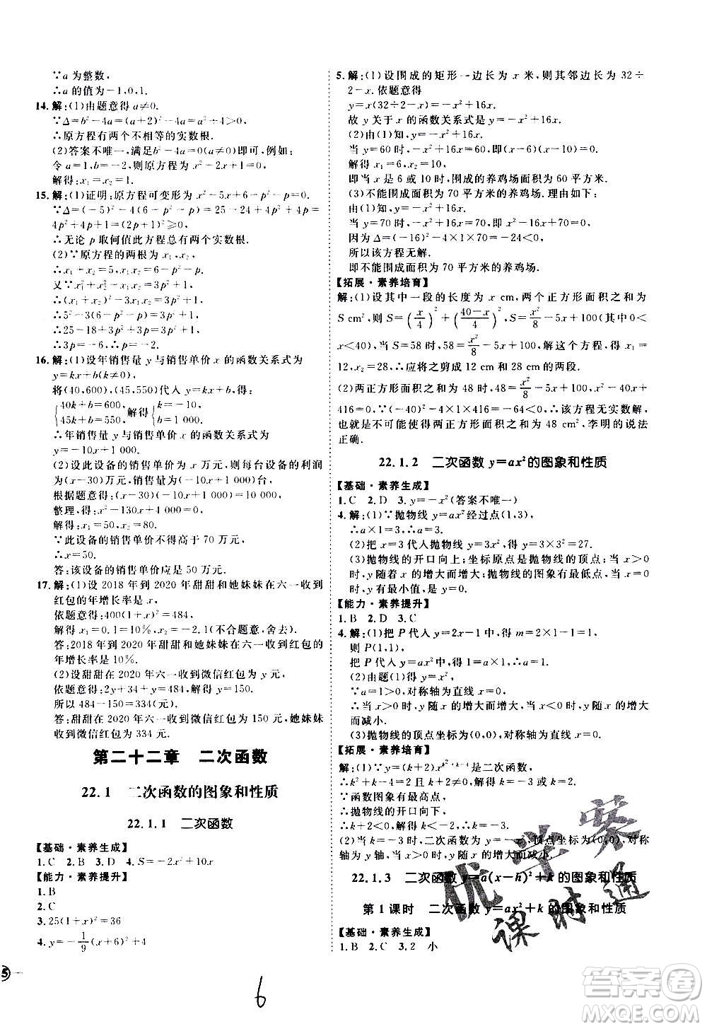 延邊教育出版社2020優(yōu)學案課時通數學九年級全一冊RJ人教版云南專用答案