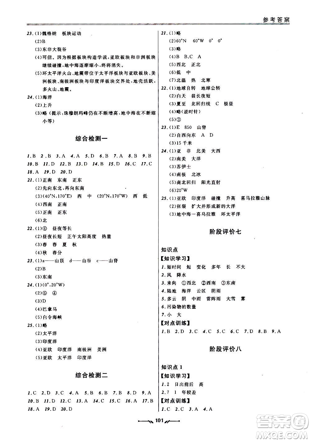 遼寧師范大學(xué)出版社2020新課程評(píng)價(jià)手冊(cè)地理七年級(jí)上冊(cè)人教版答案