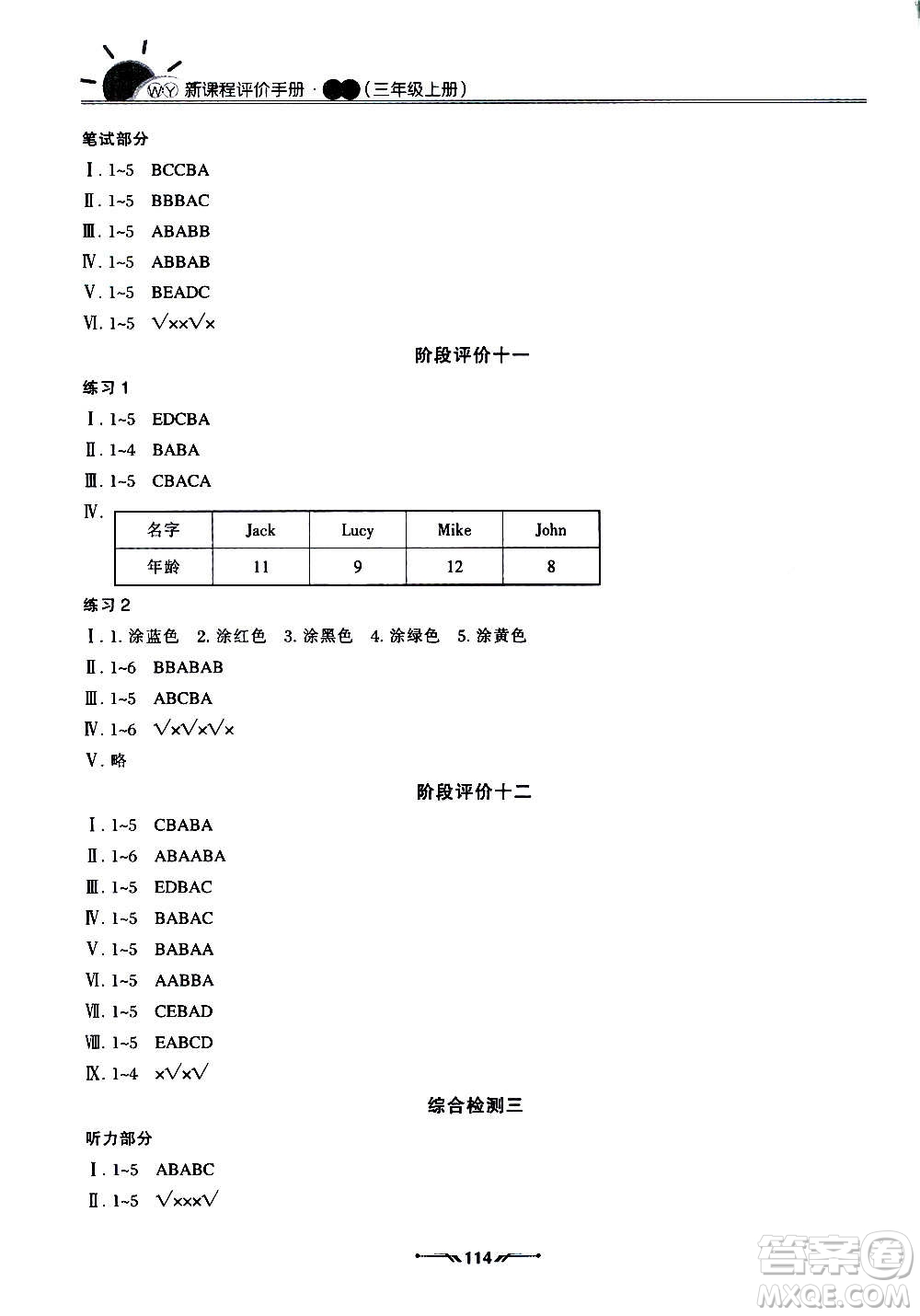 遼寧師范大學出版社2020新課程評價手冊英語三年級上冊人教版答案