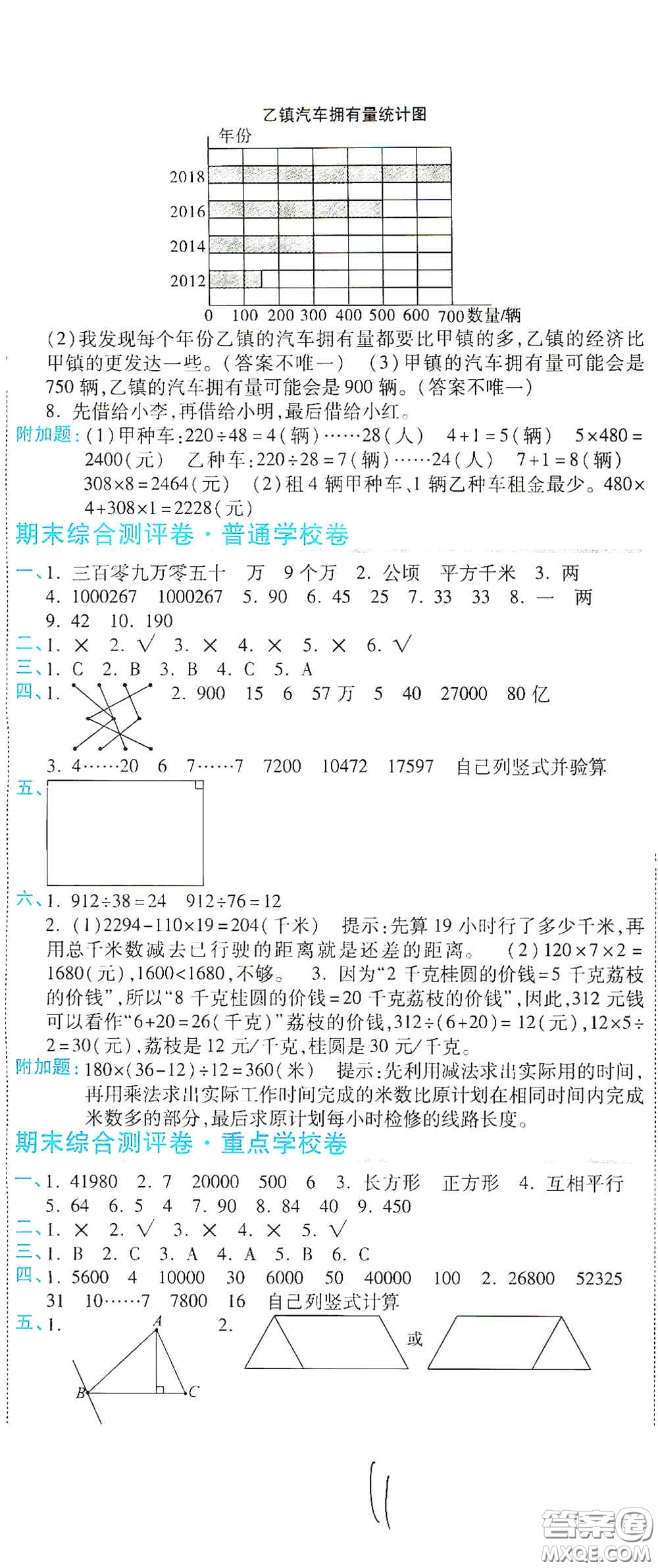 開明出版社2020期末100分沖刺卷四年級數(shù)學(xué)上冊人教版答案