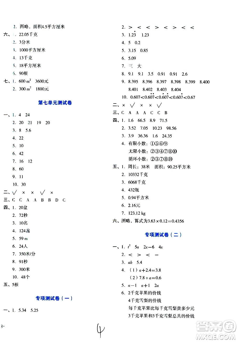 ?湖南教育出版社2020湘教考苑單元測試卷數(shù)學五年級上冊人教版答案