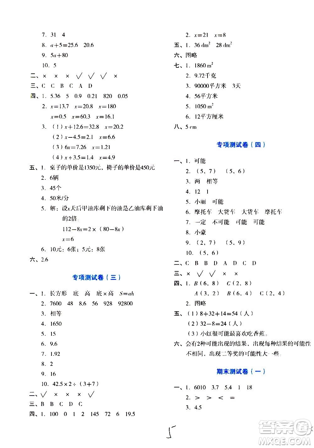 ?湖南教育出版社2020湘教考苑單元測試卷數(shù)學五年級上冊人教版答案