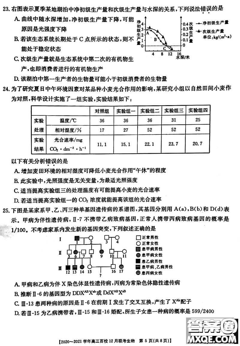 ?2020-2021學(xué)年高三百校12月聯(lián)考生物試題及答案