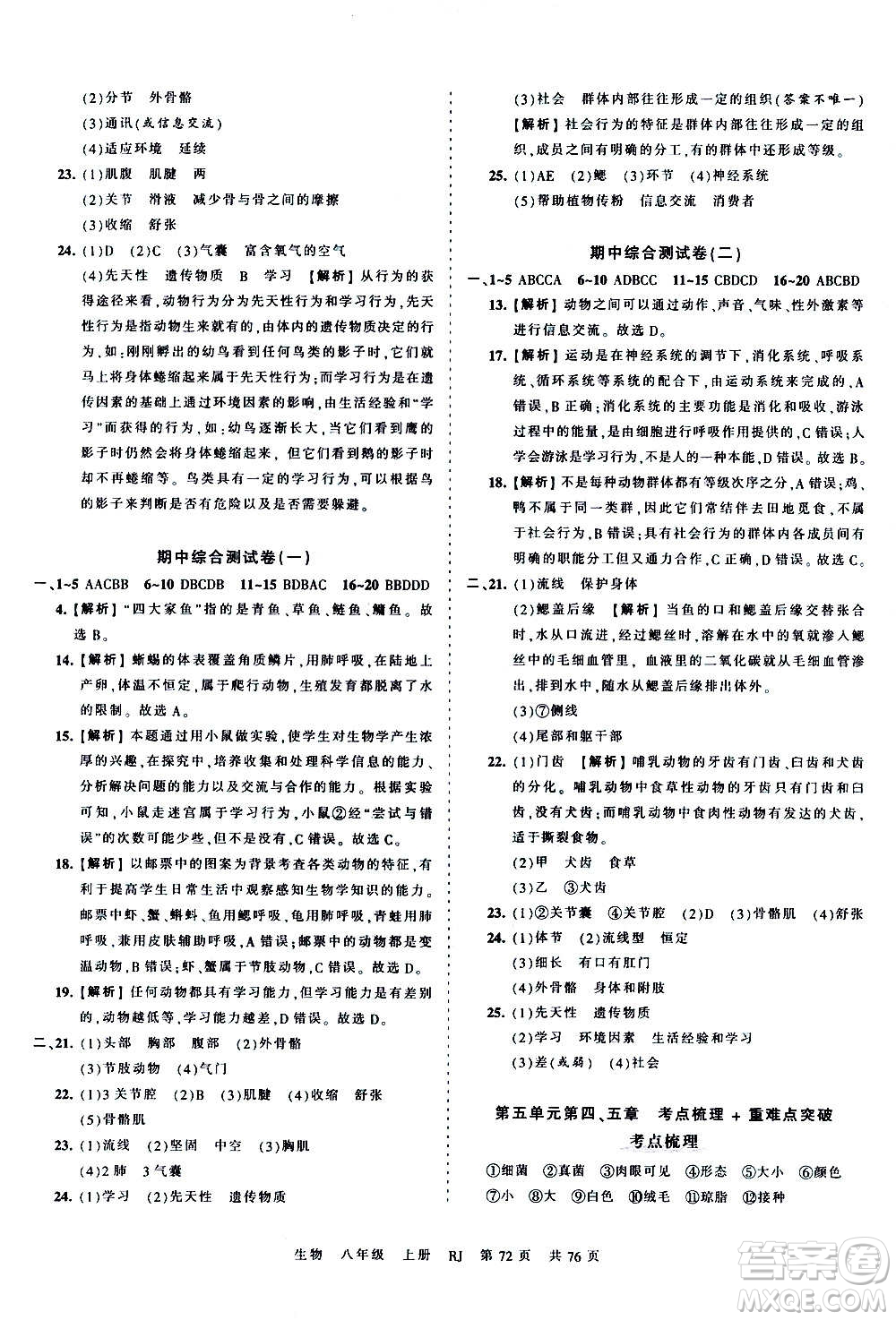 江西人民出版社2020秋王朝霞考點梳理時習(xí)卷生物八年級上冊RJ人教版答案