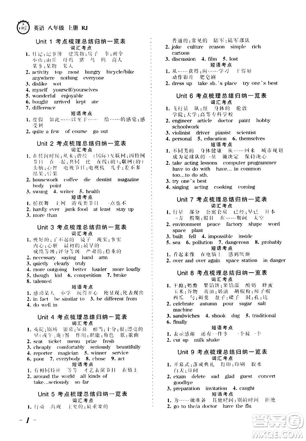 江西人民出版社2020秋王朝霞考點梳理時習(xí)卷英語八年級上冊RJ人教版答案