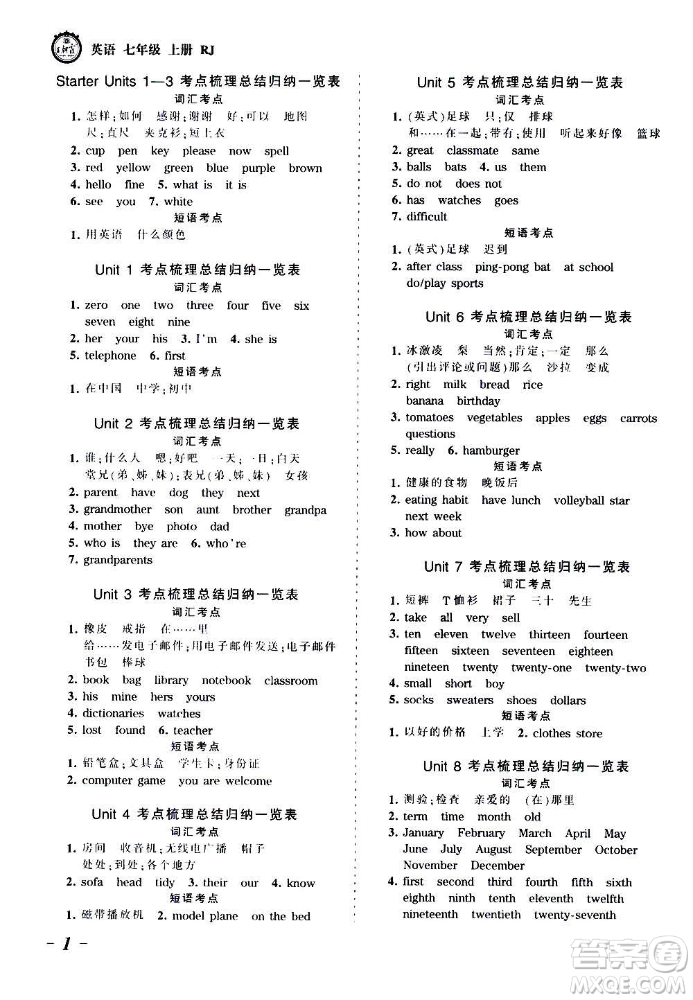 江西人民出版社2020秋王朝霞考點梳理時習(xí)卷英語七年級上冊RJ人教版答案