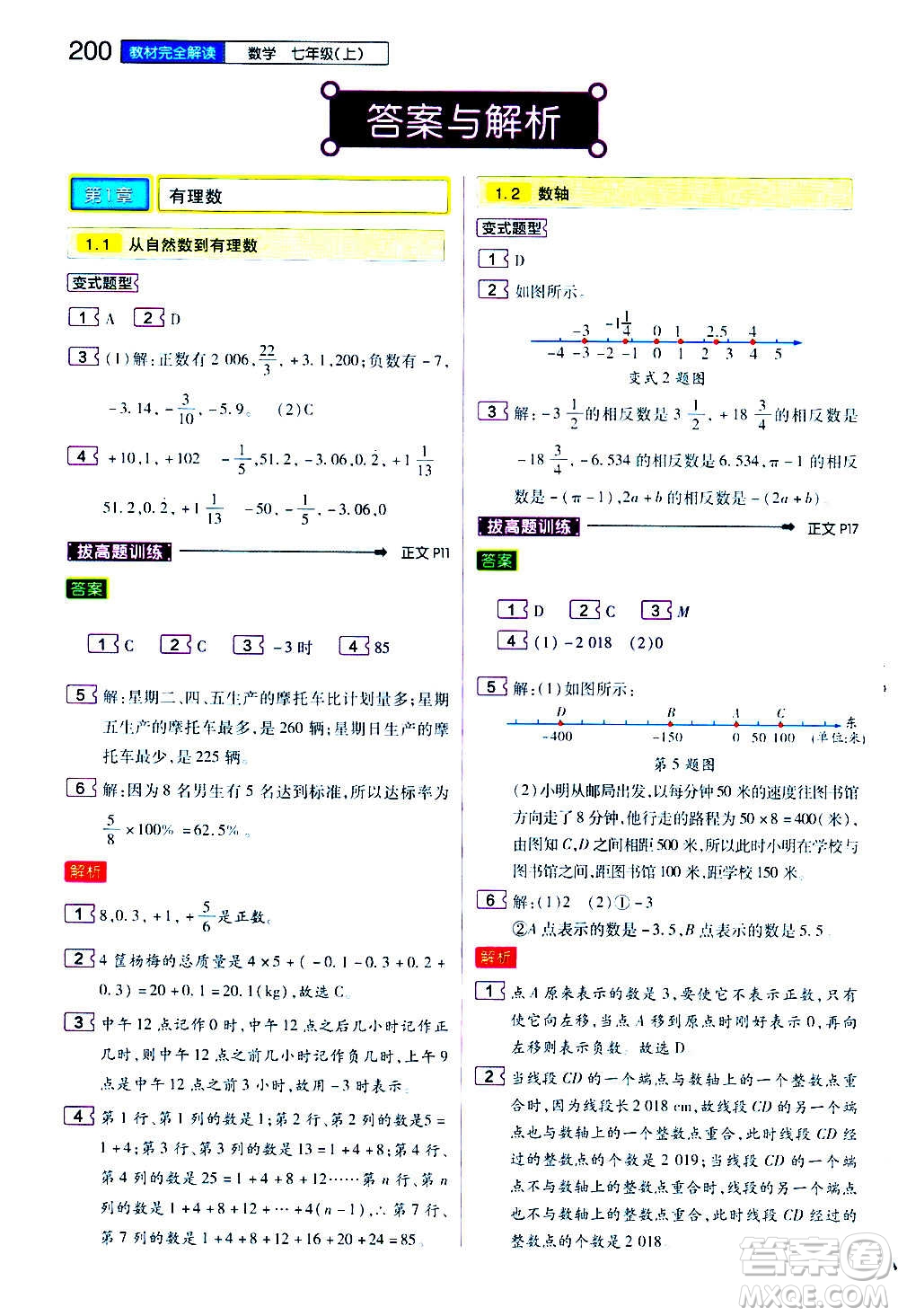 2020秋王后雄初中教材完全解讀七年級上冊數(shù)學ZJSX浙教版參考答案