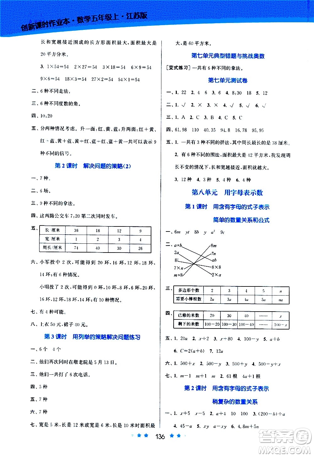 江蘇鳳凰美術(shù)出版社2020創(chuàng)新課時作業(yè)數(shù)學(xué)五年級上冊江蘇版答案