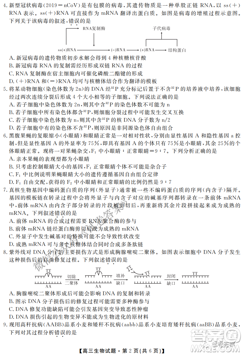 三湘名校教育聯(lián)盟2021屆高三第二次大聯(lián)考生物試題及答案