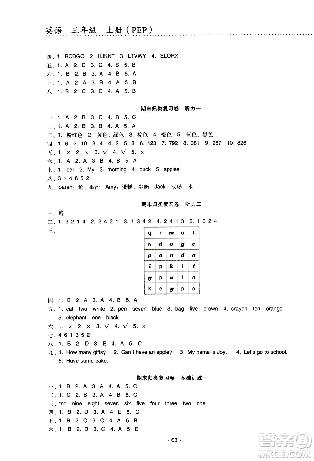 云南教育出版社2020一線名師提優(yōu)試卷英語三年級上冊PEP人教版答案