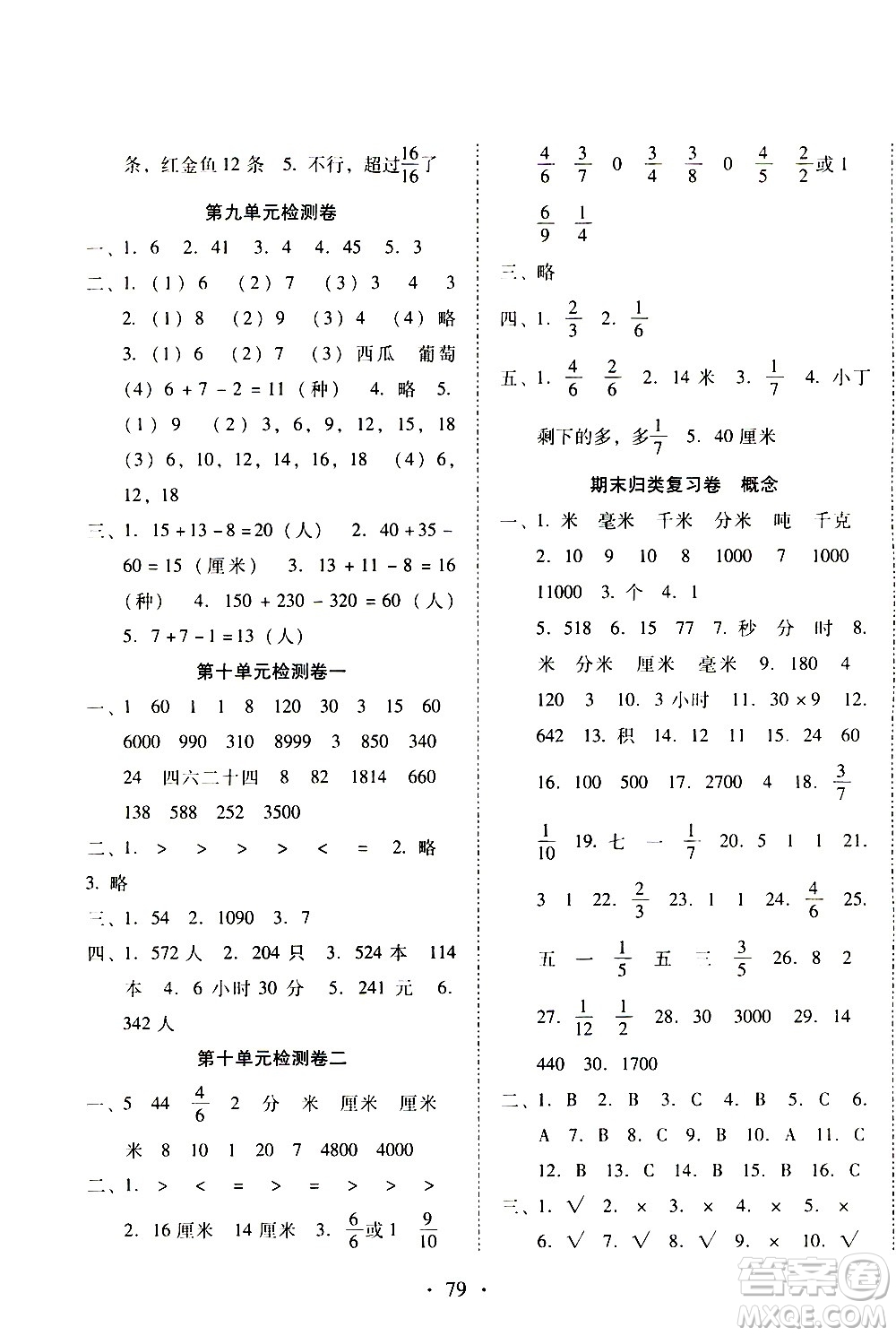 云南教育出版社2020一線名師提優(yōu)試卷數(shù)學(xué)三年級(jí)上冊(cè)人教版答案