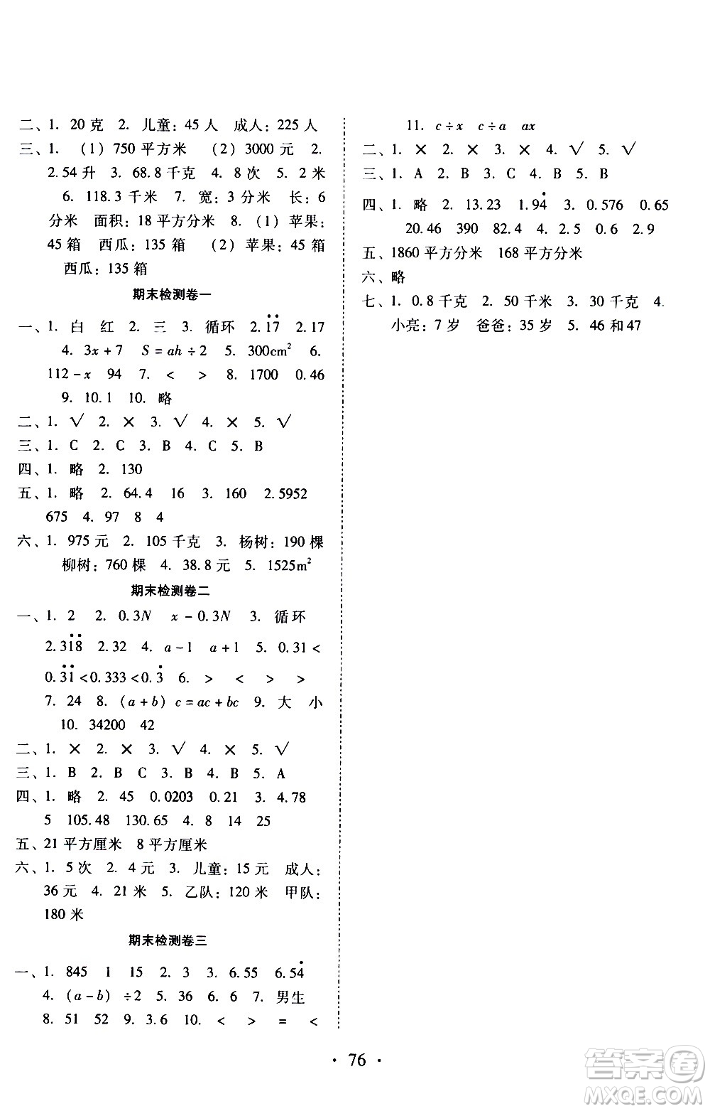 云南教育出版社2020一線名師提優(yōu)試卷數(shù)學(xué)五年級(jí)上冊(cè)人教版答案