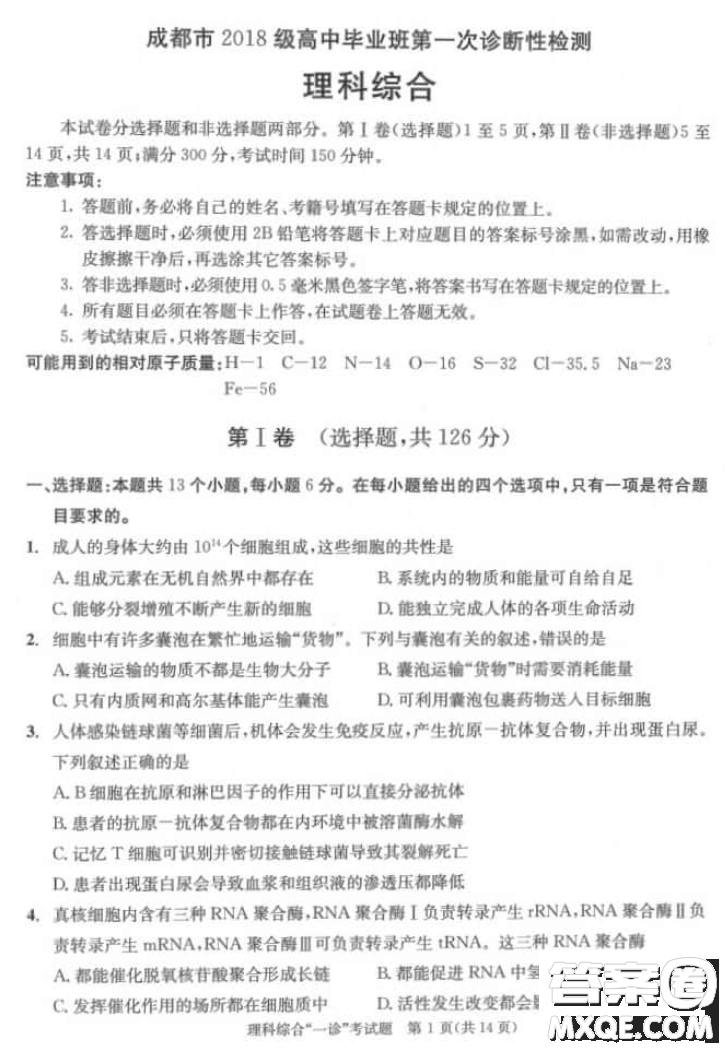 成都市2018級(jí)高中畢業(yè)班第一次診斷性檢測(cè)理科綜合試題及答案