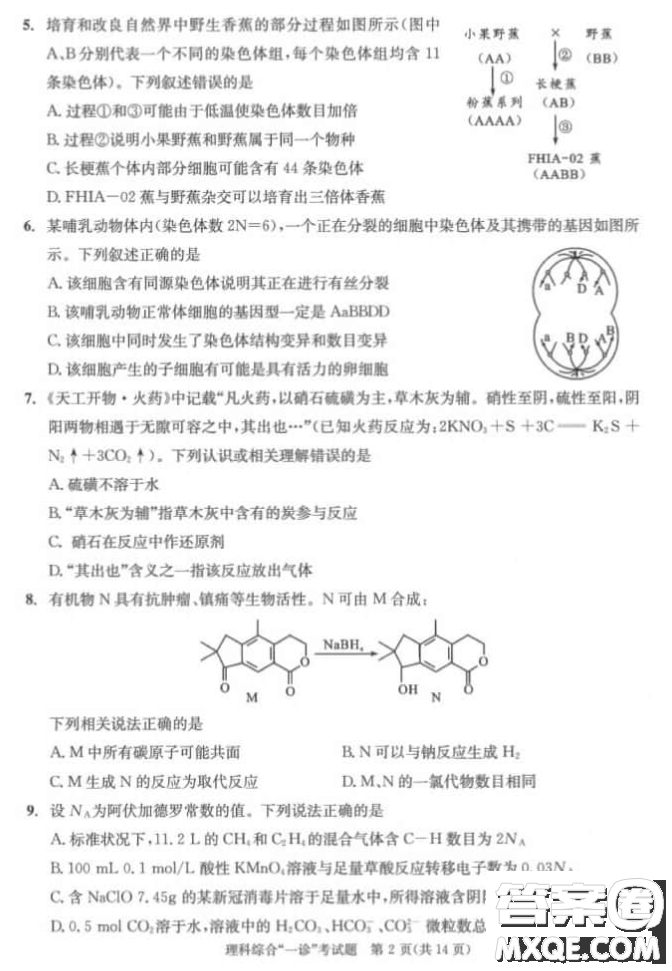 成都市2018級(jí)高中畢業(yè)班第一次診斷性檢測(cè)理科綜合試題及答案