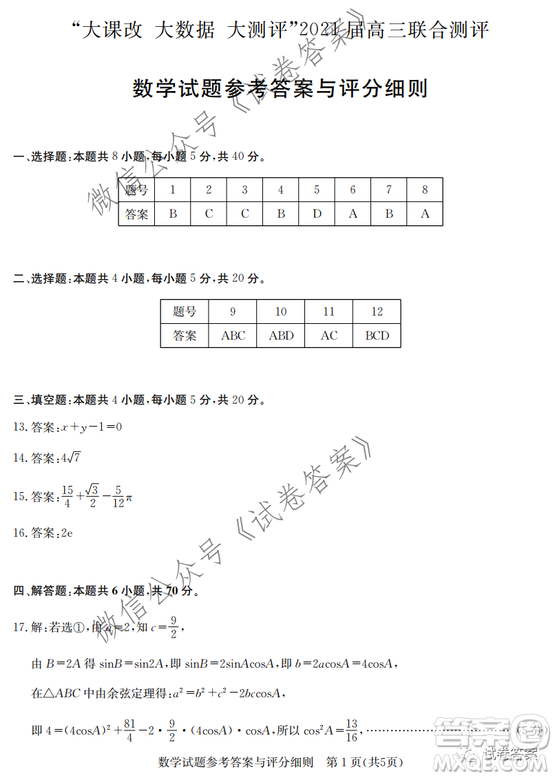 大課改大數(shù)據(jù)大測評2021屆高三聯(lián)合測評數(shù)學(xué)試題及答案