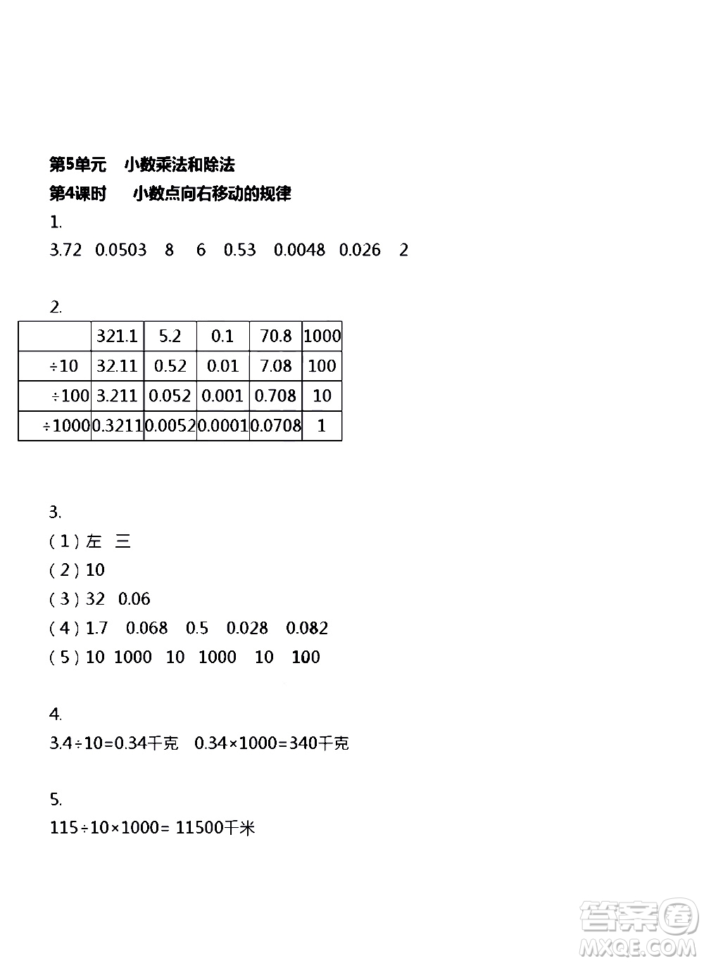 江蘇人民出版社2020伴你學(xué)數(shù)學(xué)五年級上冊蘇教版答案