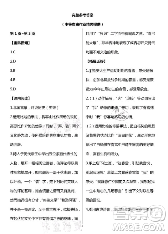 新疆文化出版社2021寒假作業(yè)及活動(dòng)語文九年級(jí)人教版答案