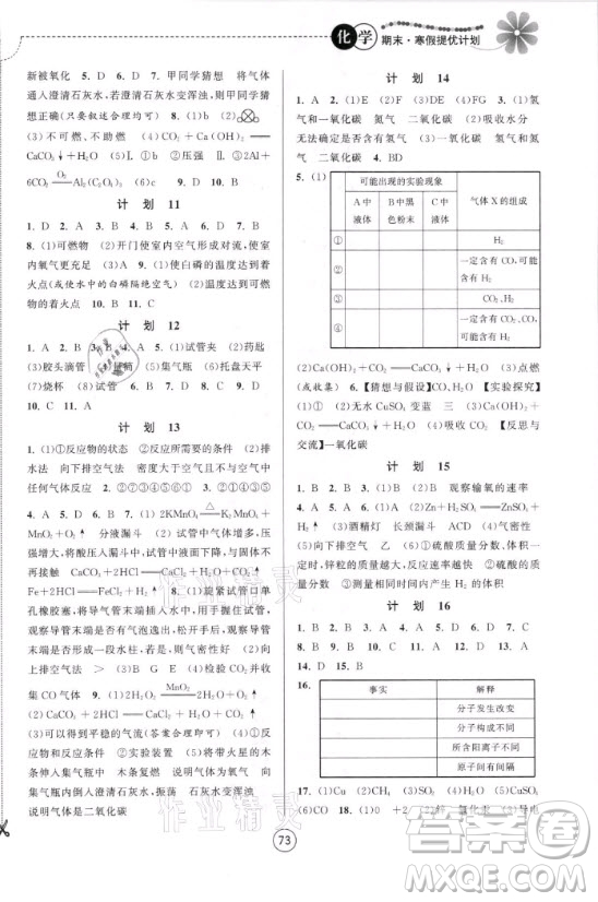 南京大學(xué)出版社2021期末寒假提優(yōu)計(jì)劃化學(xué)九年級人教版答案