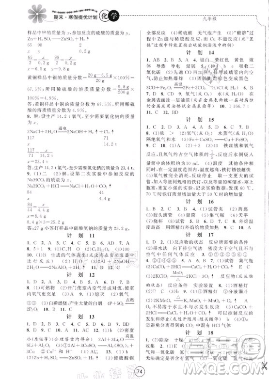 南京大學出版社2021期末寒假提優(yōu)計劃化學九年級滬教版答案