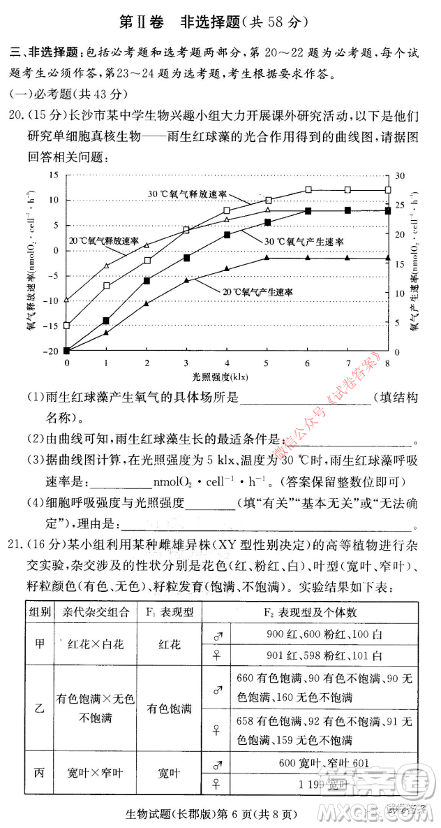 長郡中學(xué)2021屆高三月考試卷五生物試題及答案