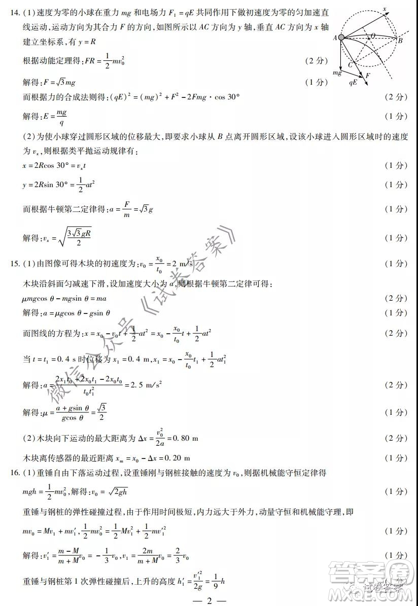 皖豫名校聯(lián)盟體2021屆高中畢業(yè)班第二次考試物理試題及答案