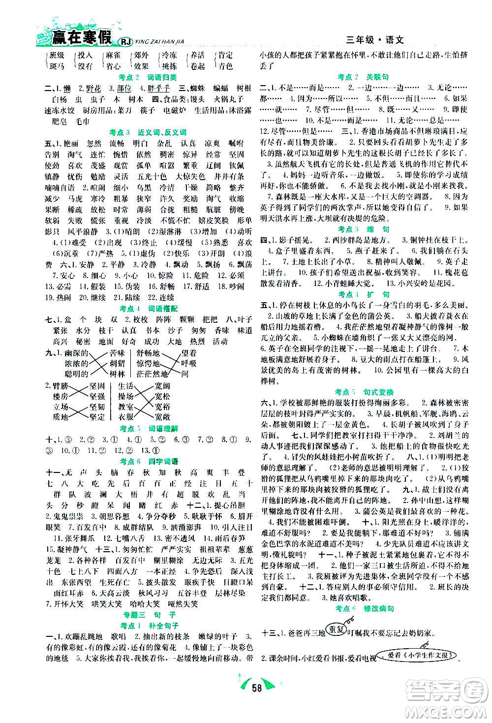 合肥工業(yè)大學出版社2021贏在寒假期末闖關三年級語文RJ人教版答案