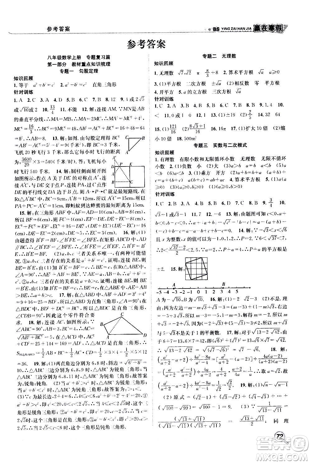 合肥工業(yè)大學出版社2021寒假學期總復習贏在寒假銜接教材八年級數學BS北師版答案