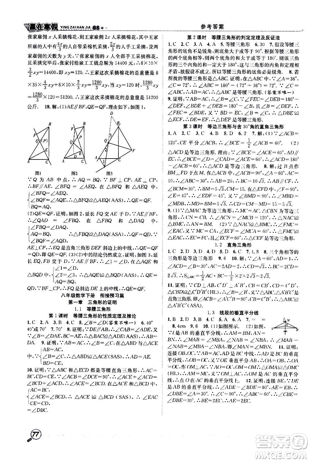 合肥工業(yè)大學出版社2021寒假學期總復習贏在寒假銜接教材八年級數學BS北師版答案