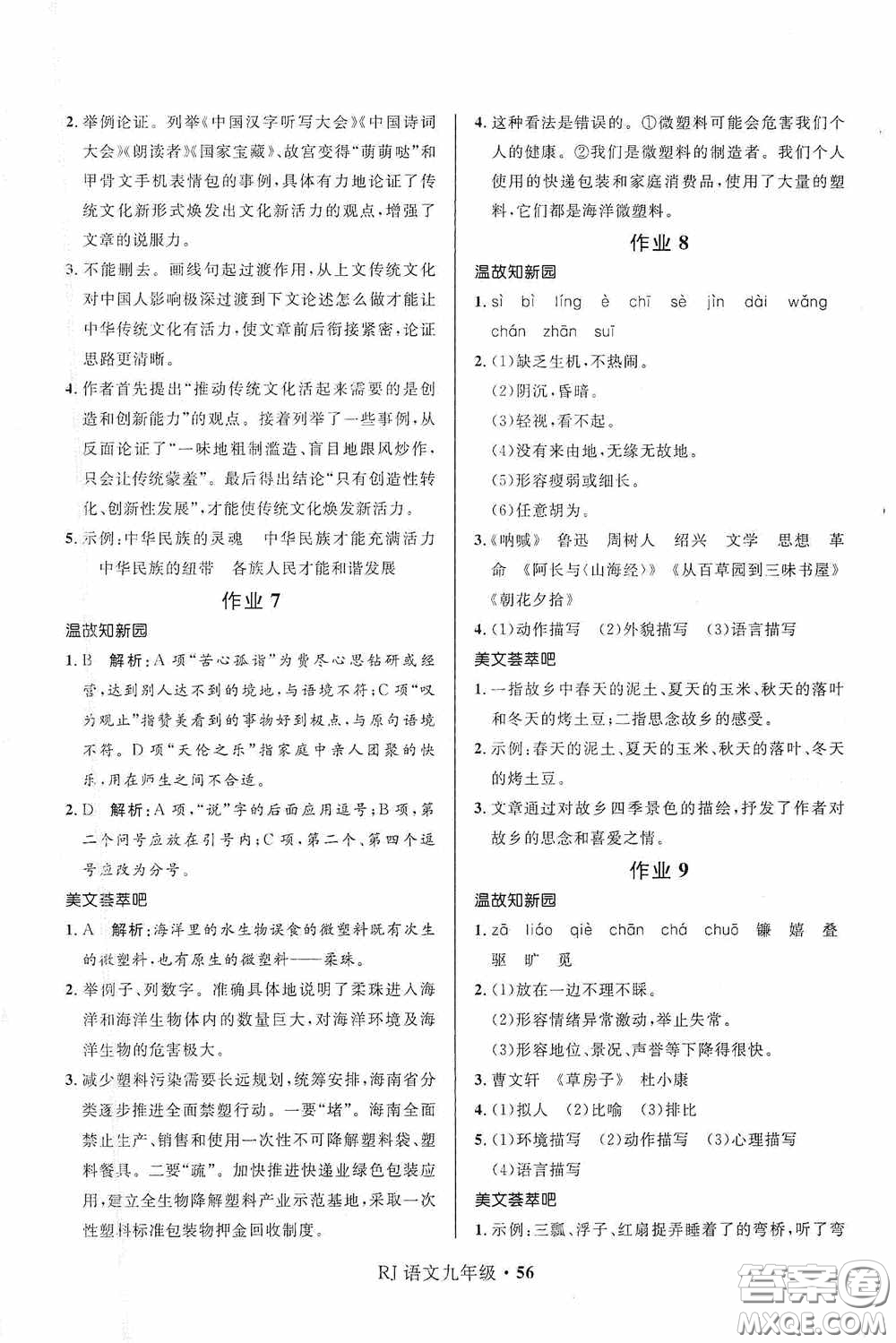 河北少年兒童出版社2021贏在起跑線上中學生快樂寒假九年級語文人教版答案