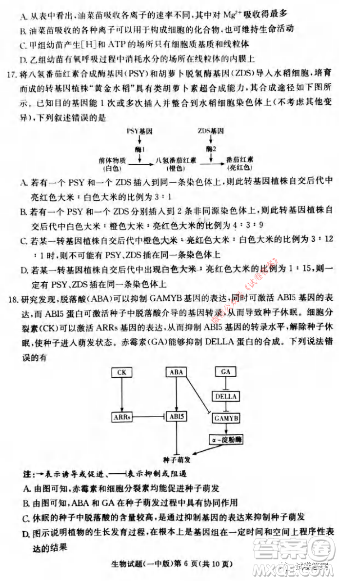 炎德英才大聯(lián)考長沙市一中2021屆高三月考試卷六生物試題及答案