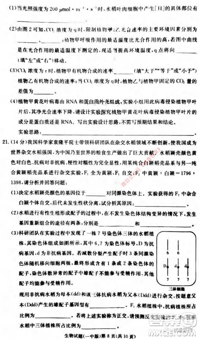 炎德英才大聯(lián)考長沙市一中2021屆高三月考試卷六生物試題及答案