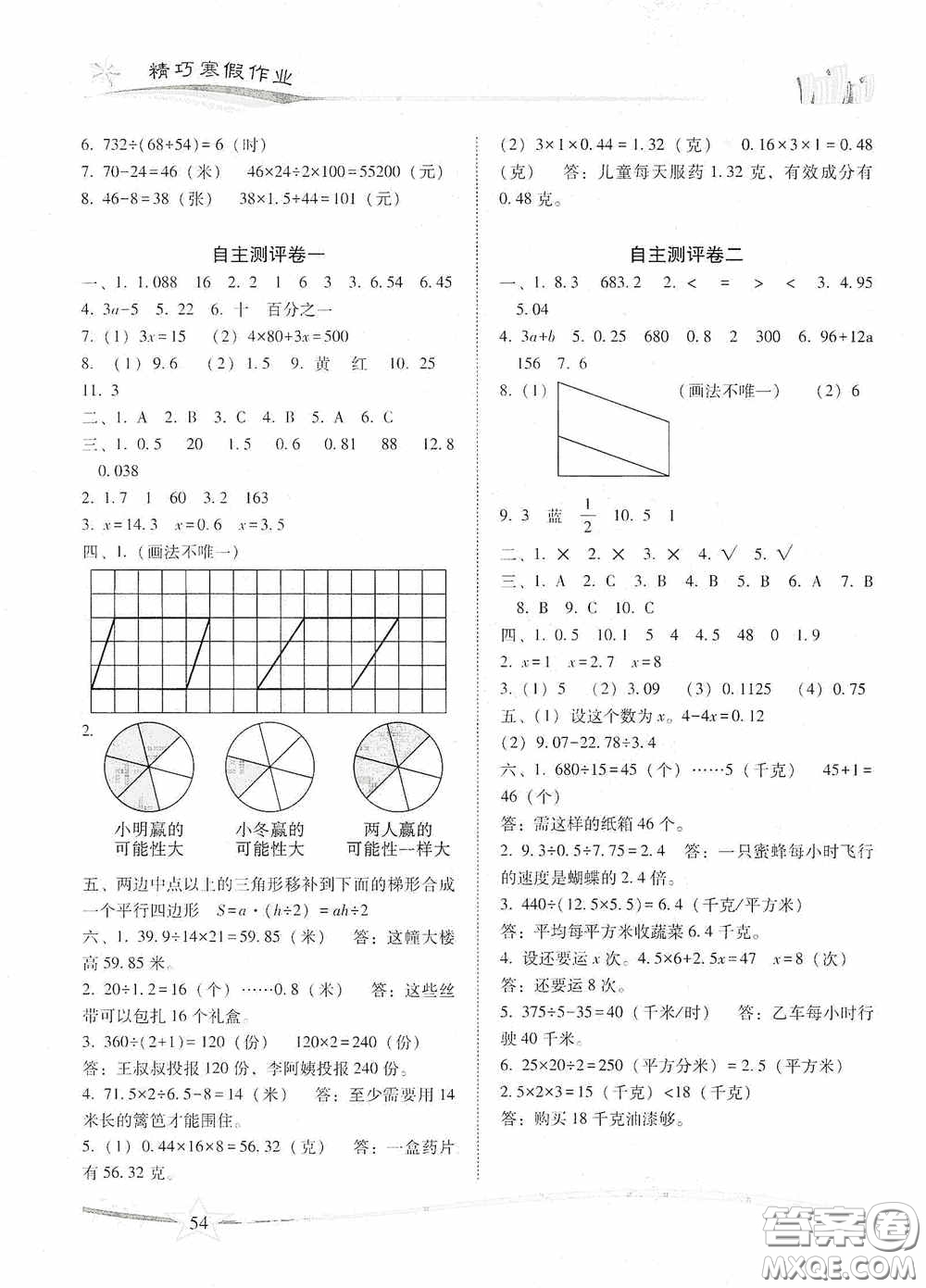 云南美術(shù)出版社2021精巧寒假作業(yè)專題訓(xùn)練與期末總復(fù)習(xí)五年級(jí)數(shù)學(xué)人教版答案