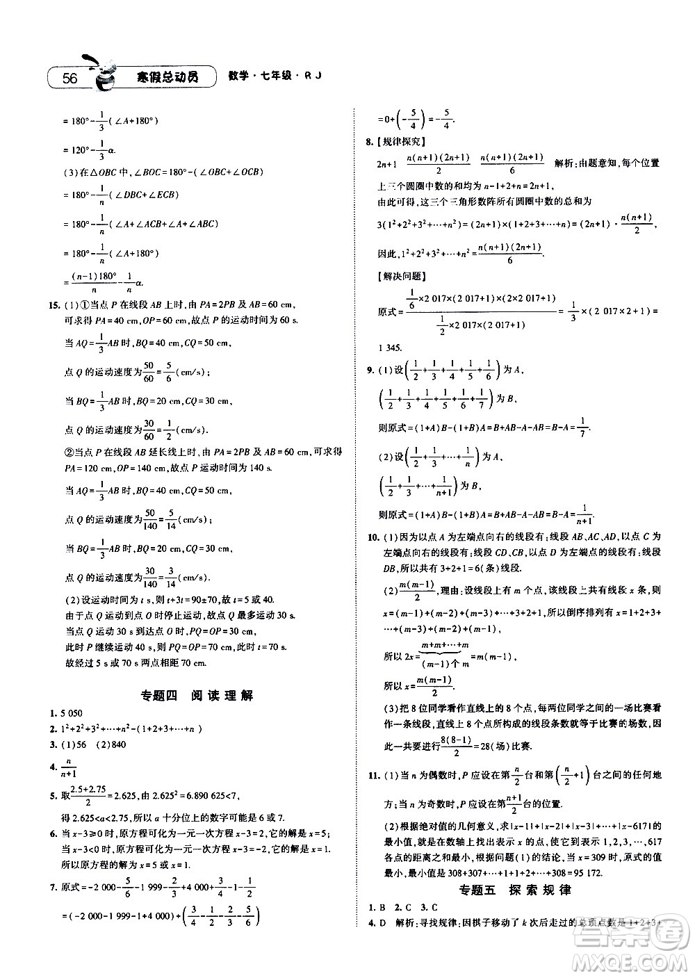 2021年經(jīng)綸學(xué)典寒假總動員七年級數(shù)學(xué)RJ人教版答案