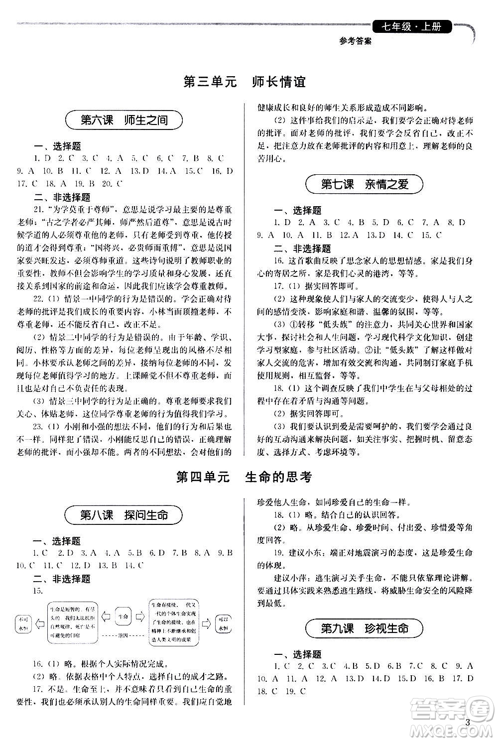 人民教育出版社2020補充習題道德與法治七年級上冊人教版答案